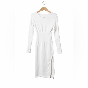 OQQ White Bodycon Midi Dress Small Long Sleeve Side Slit Stretch Minimalist